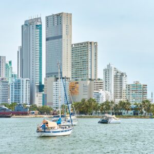 Landscape of skyscrapers and sea in Cartagena de Indias