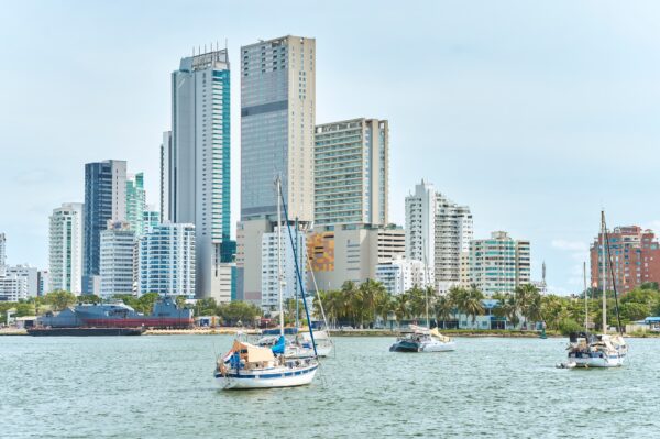 Landscape of skyscrapers and sea in Cartagena de Indias